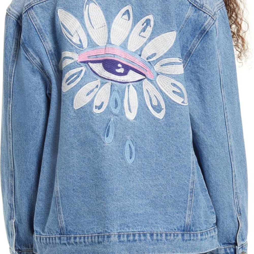 Christina martinez Nordstrom over sized Wake Up eye denim jacket